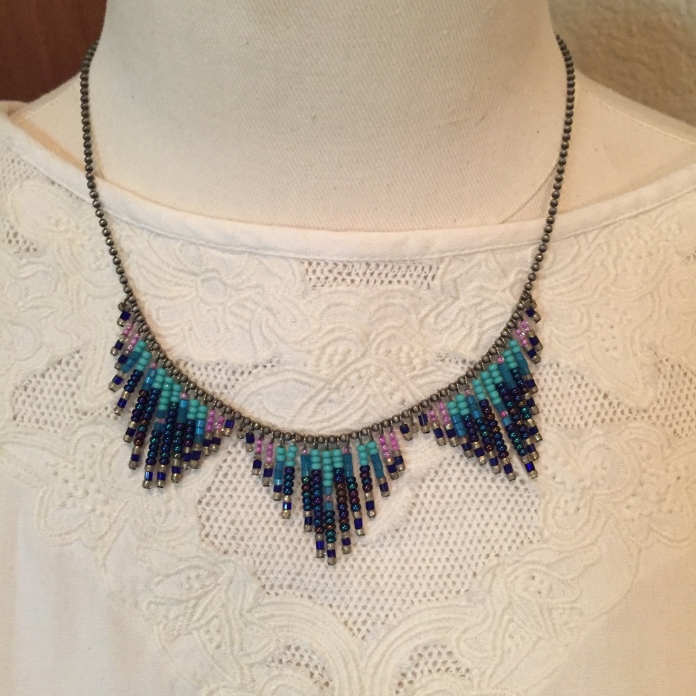 Boho blue and purple beaded necklace